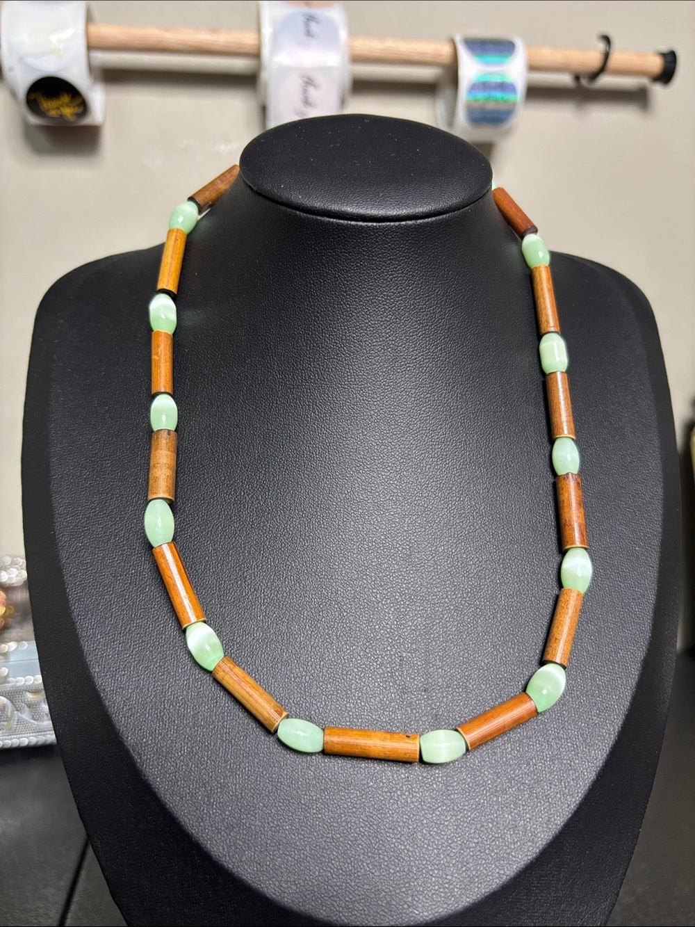 Boho Cat Eye Wood Handcrafted Green and Brown Beaded Necklace Resort Beach